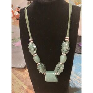 Bohemian Green Stone Bead Necklace Suede Cord Statement Pendant
